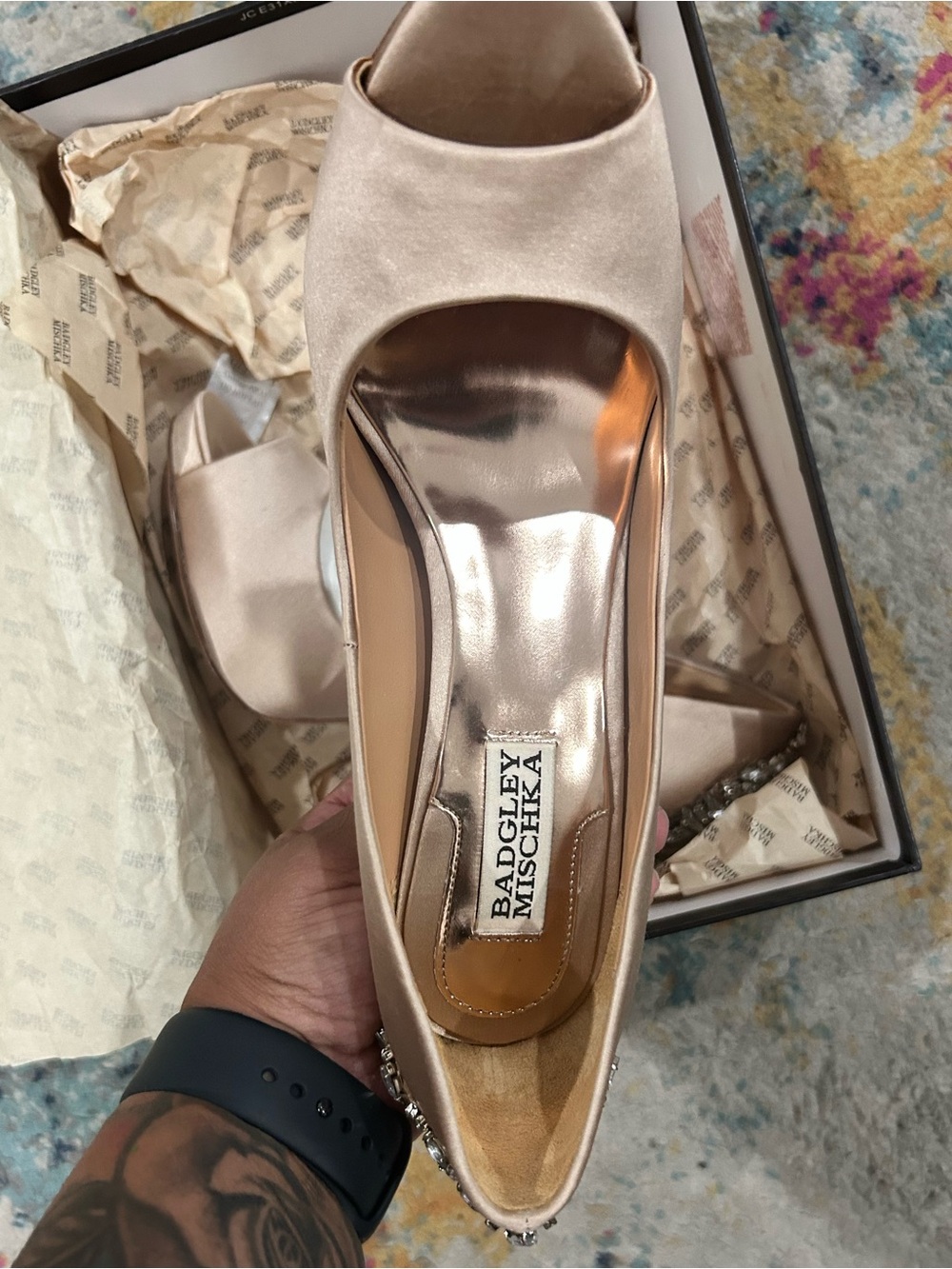 Badgley Mischka Satin Open-Toe Heels with Jewel Heel - Picture 2 of 7